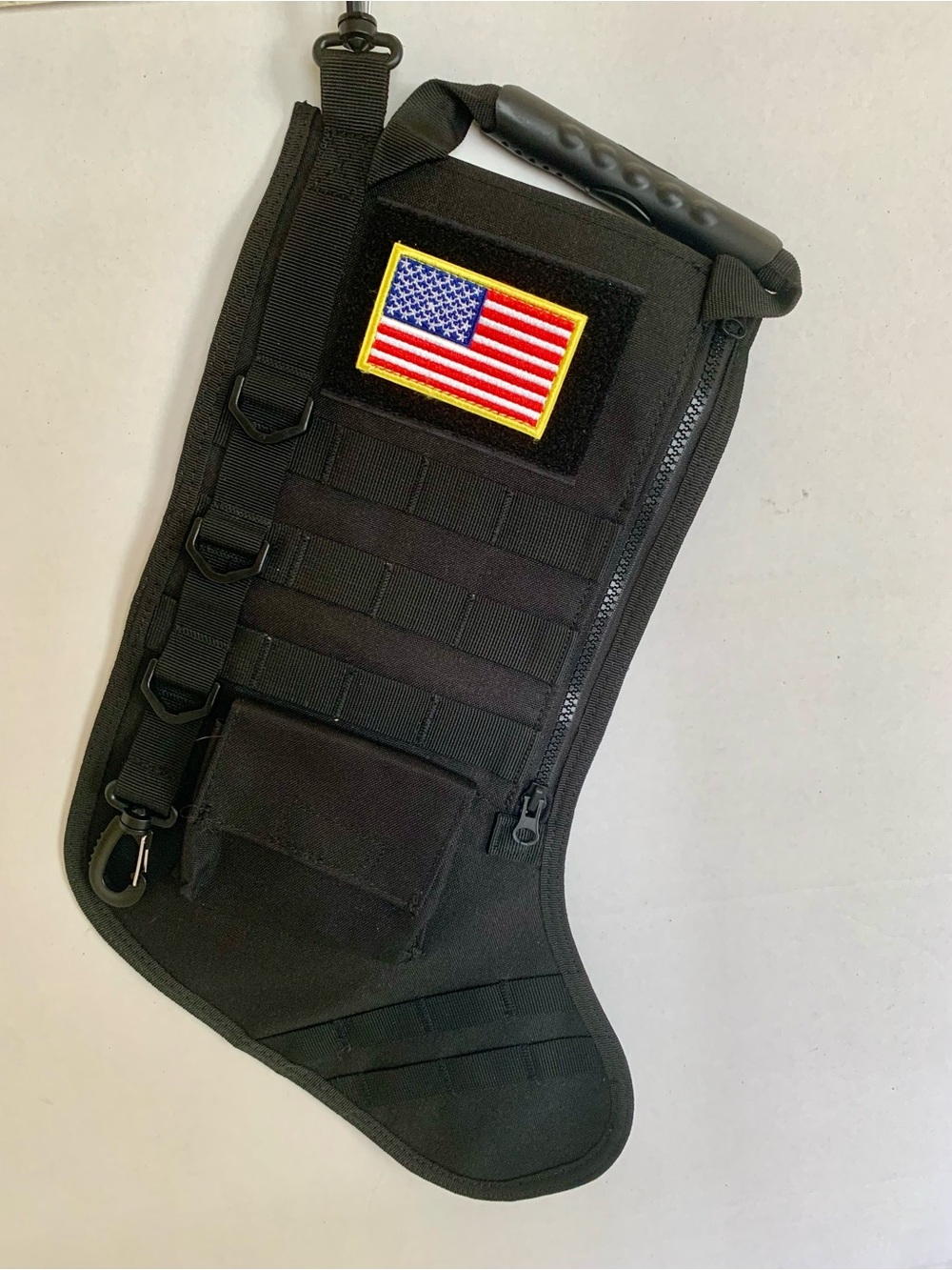SPEED TRACK Black Tactical Christmas Xmas Stocking W/Handle American Flag Patch